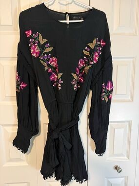 Embroidered Black Boho Tie-Waist Romper